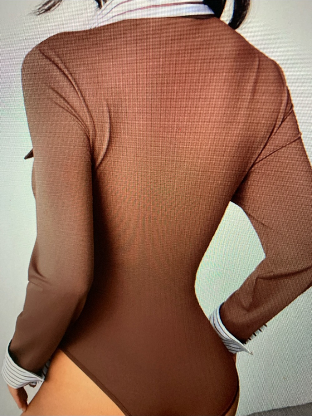 Brown Long-Sleeve Collared Bodysuit with Stripe Trim - Picture 5 of 5
